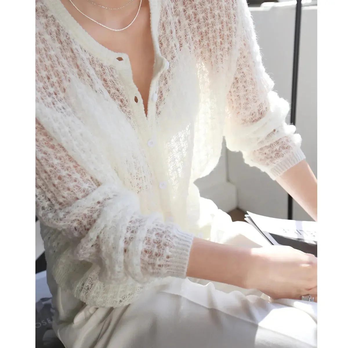 Mohair Crochet Hollow Knit Cardigan Sweater