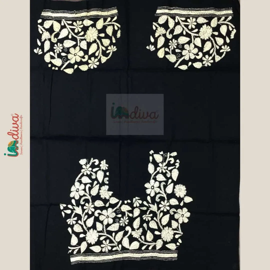 Monochrome Kantha Blouse Fabric With Floral Motifs