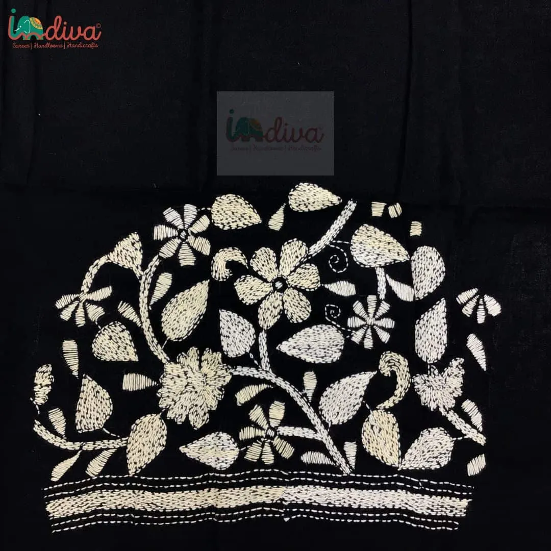 Monochrome Kantha Blouse Fabric With Floral Motifs