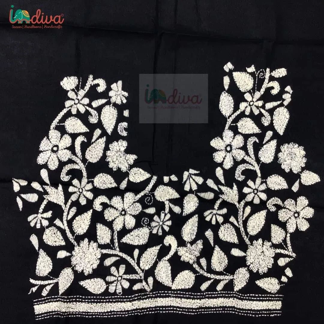 Monochrome Kantha Blouse Fabric With Floral Motifs