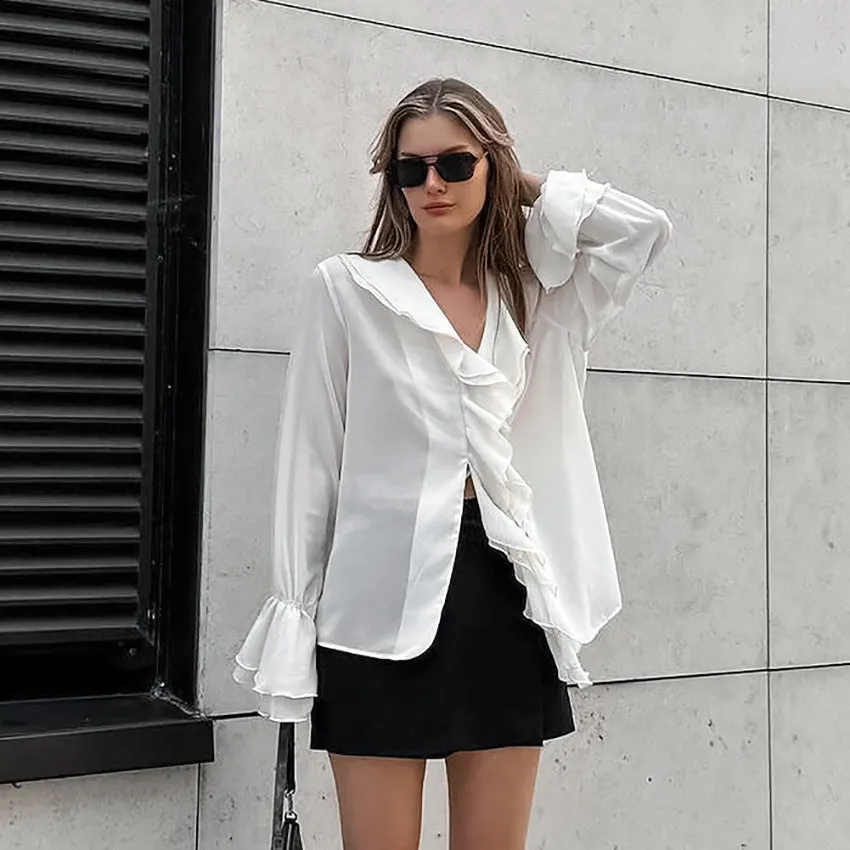 Office Elegant White Chiffon Ruffled Bell Sleeve V neck Lace up All Matching Shirt Autumn Shirt for Women