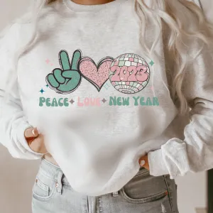 Peace Love New Year Crewneck Sweatshirt Women's Soft, Cozy Crewneck Pullover in Ash or White Vintage Retro Design