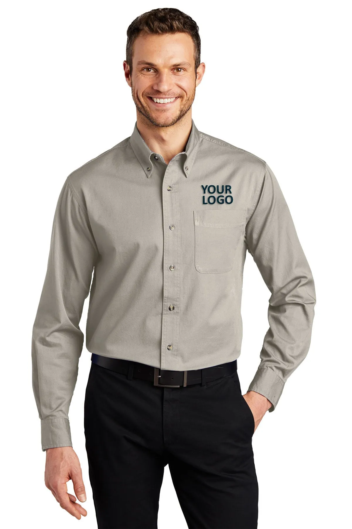 Port Authority Long Sleeve Custom Twill Shirts, Stone