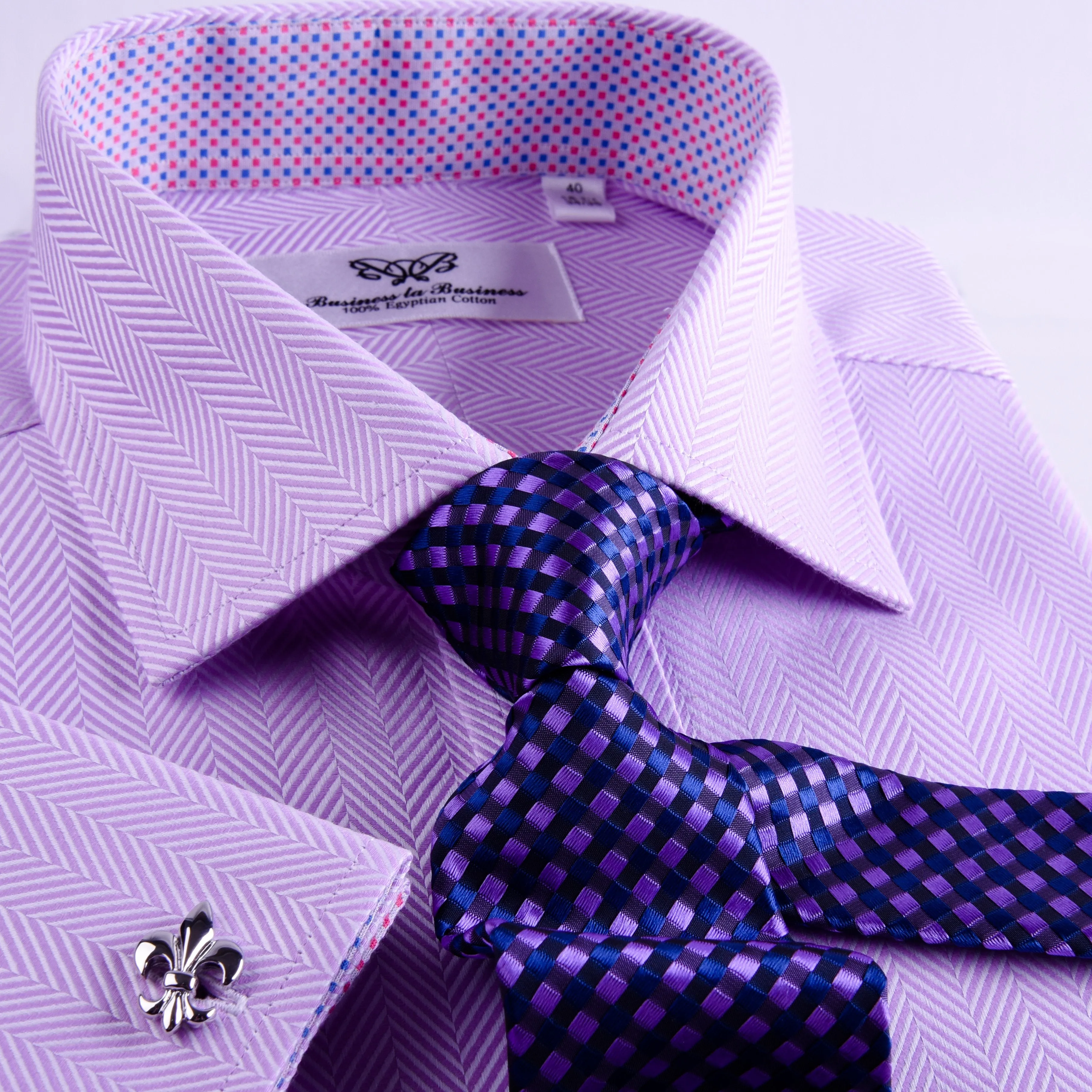 Purple Herringbone Twill Formal Business Dress Shirt With Matching Inner Lining Luxury Violet Fashion