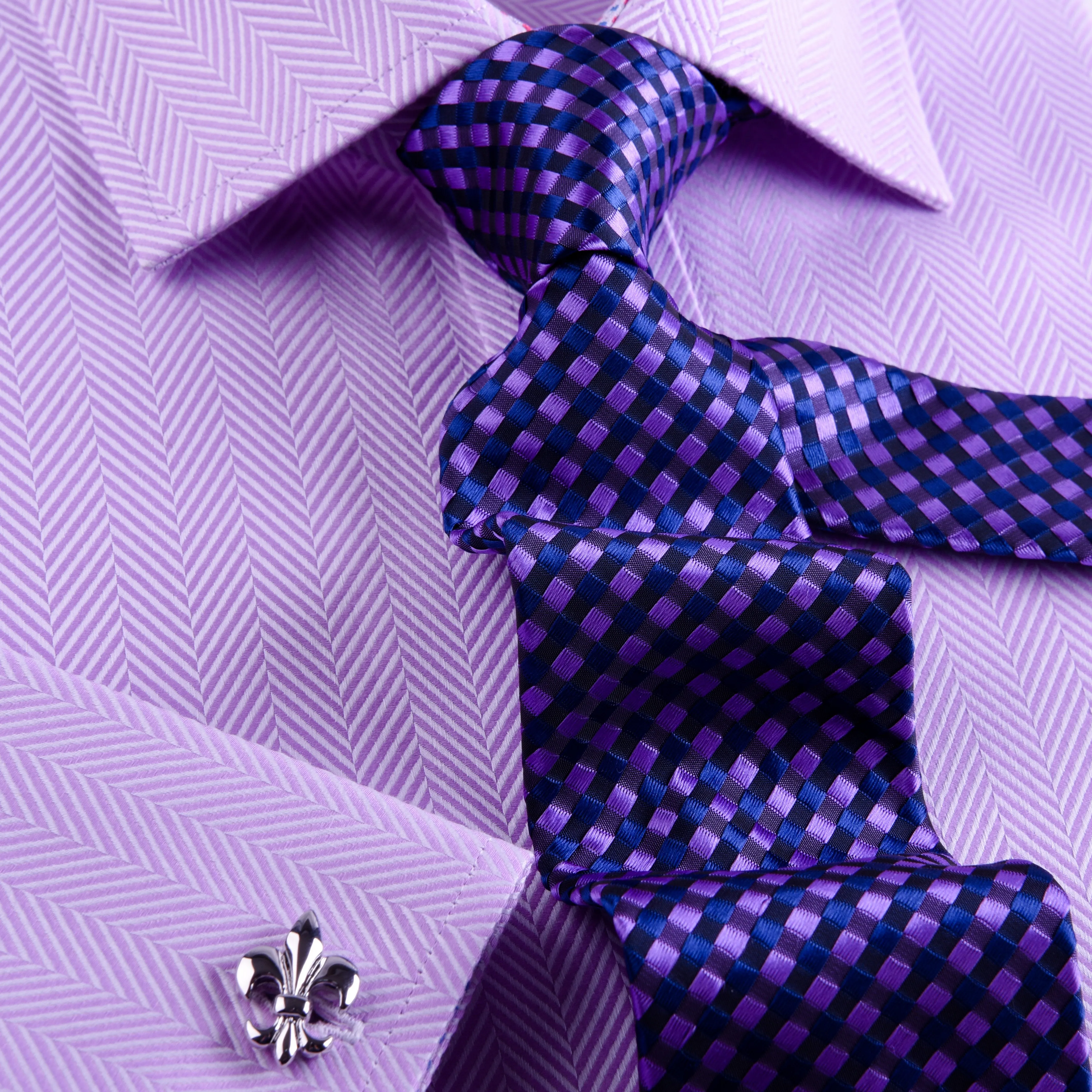 Purple Herringbone Twill Formal Business Dress Shirt With Matching Inner Lining Luxury Violet Fashion