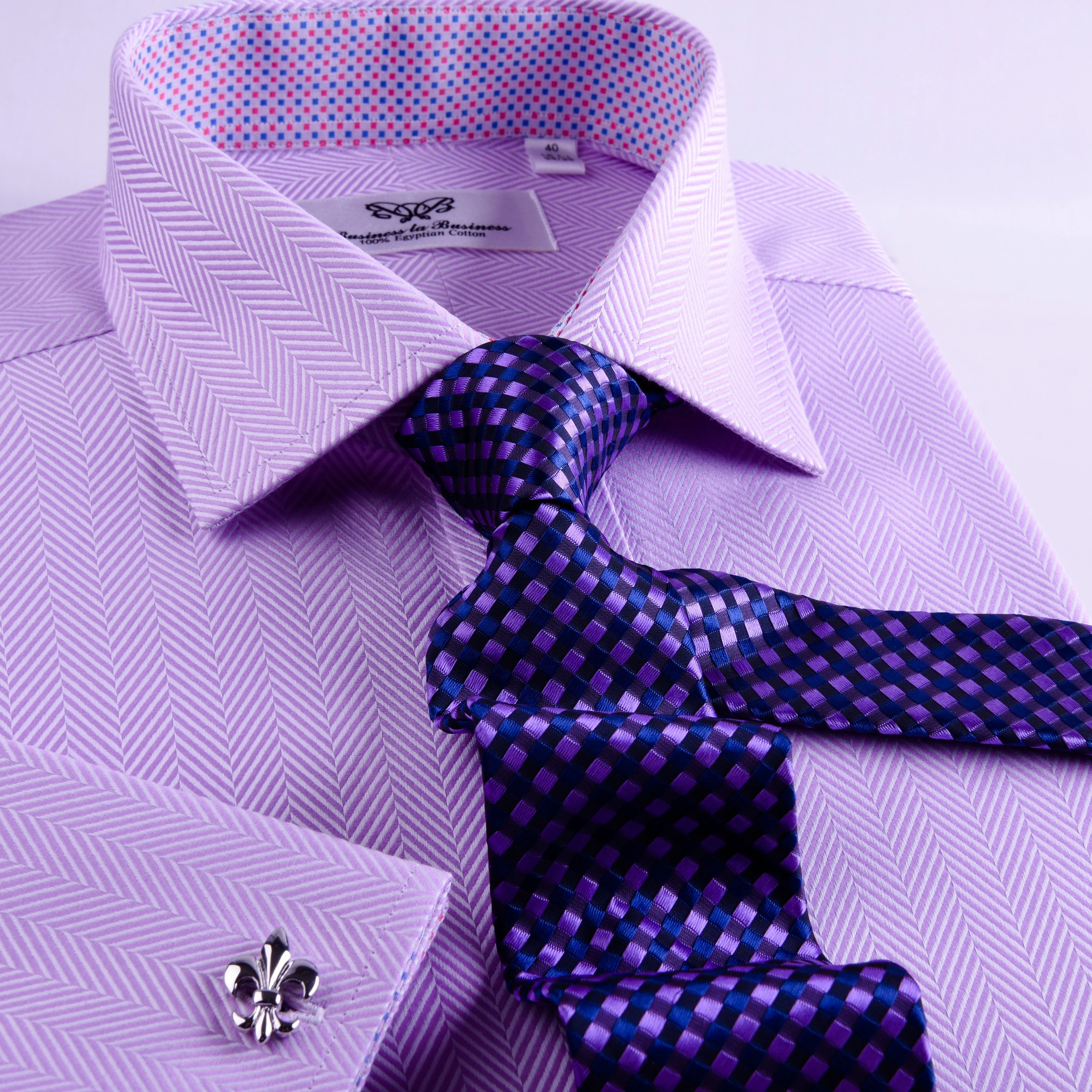 Purple Herringbone Twill Formal Business Dress Shirt With Matching Inner Lining Luxury Violet Fashion