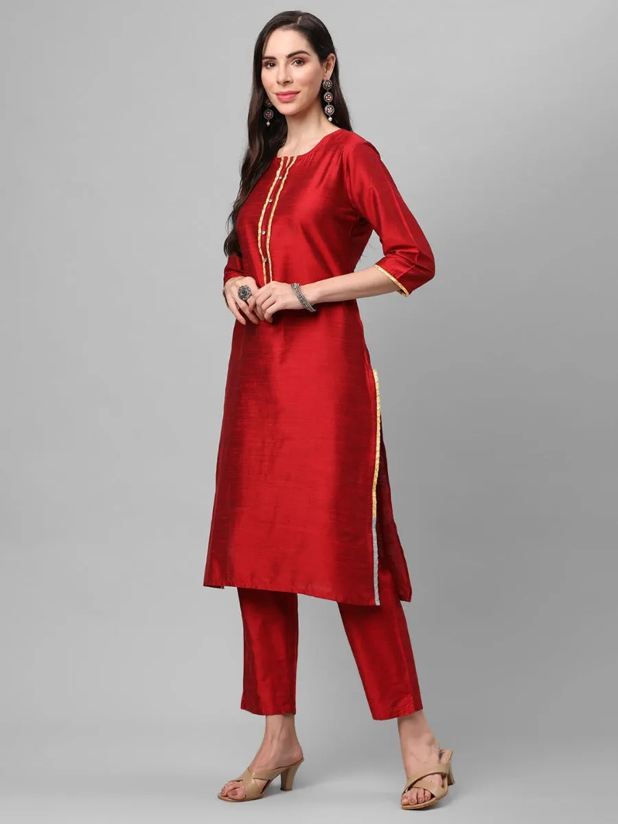 Red Solid Kurta Trouser Dupatta