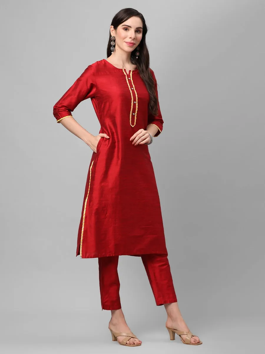 Red Solid Kurta Trouser Dupatta