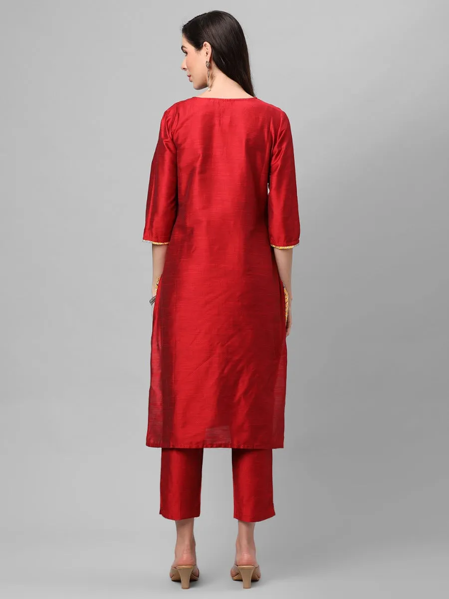 Red Solid Kurta Trouser Dupatta