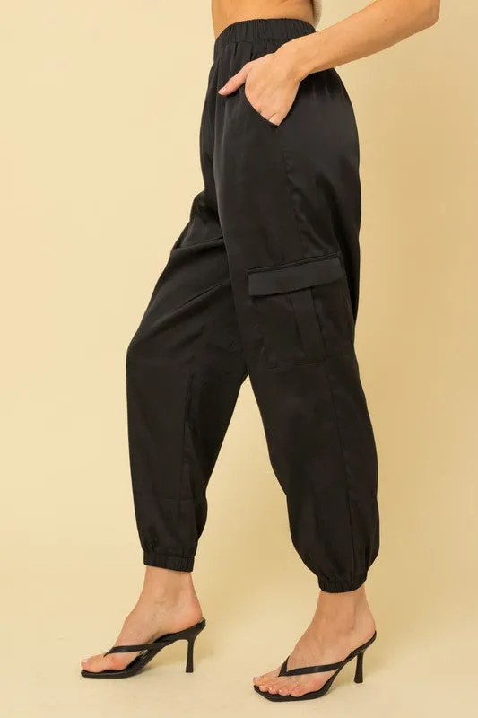 Sarah Satin Cargo Joggers in Black or Olive