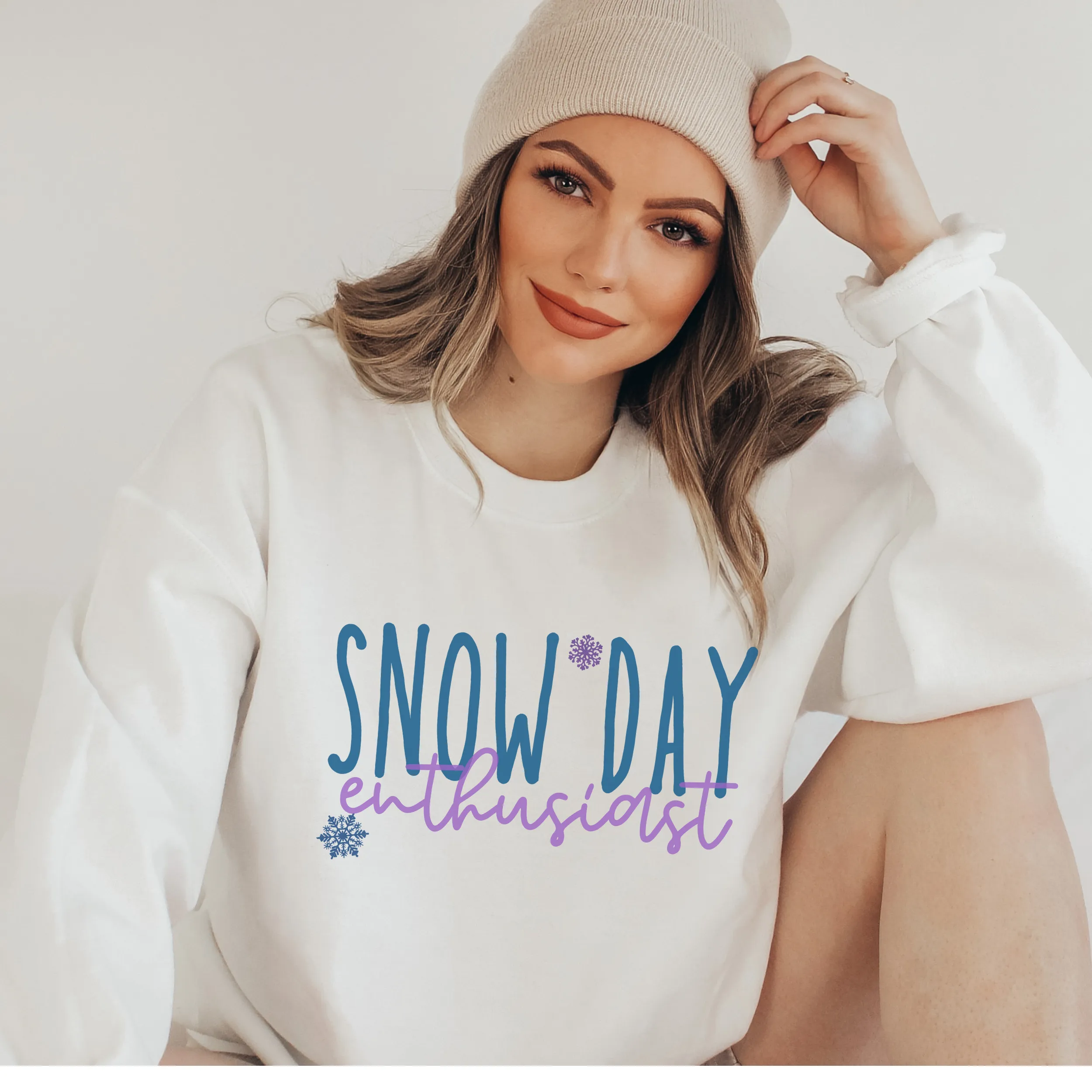 Snow Day Enthusiast Sweatshirt | Ash White or Sand Fleece Crew Pullover Teacher Christmas Winter Break No School Gift