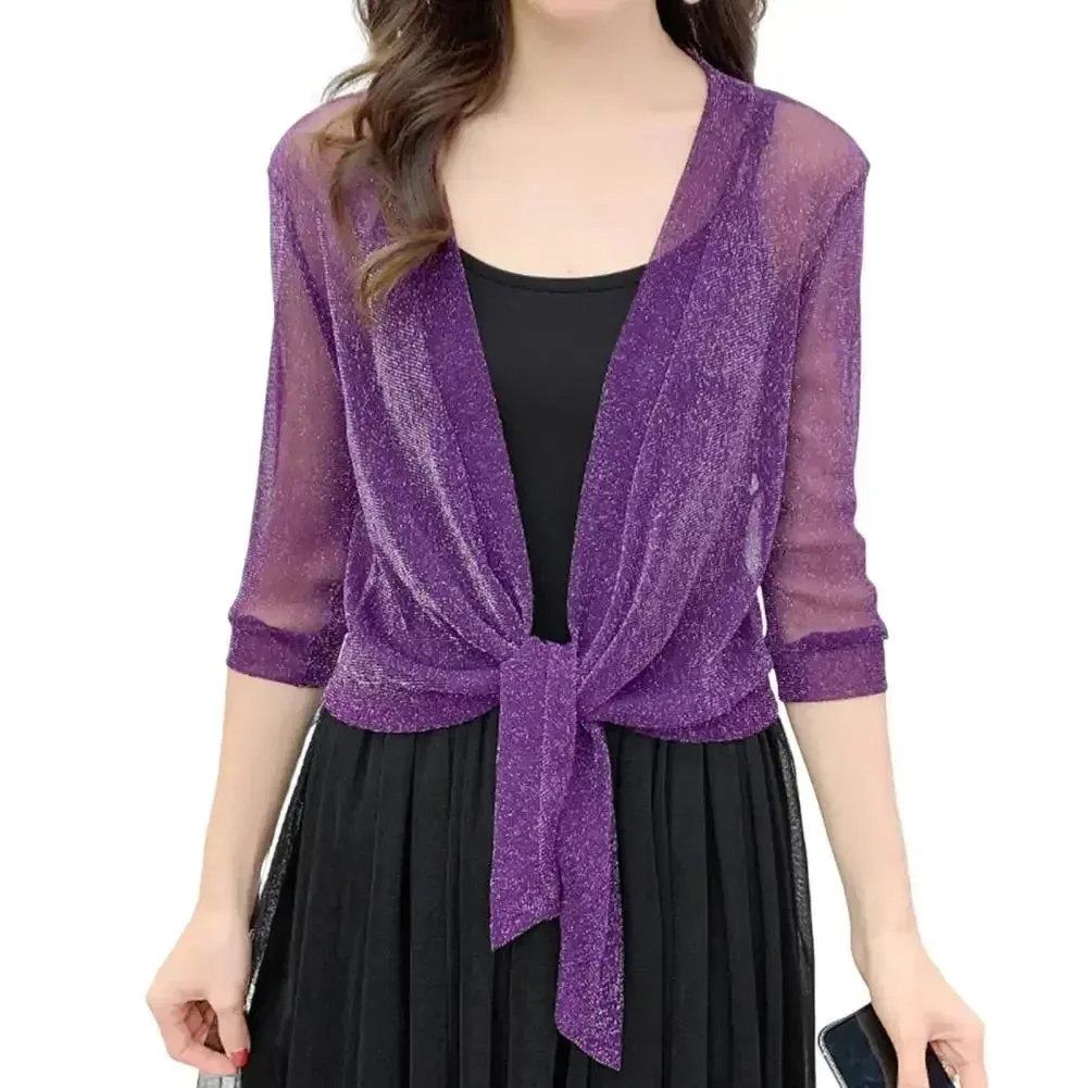 Trendy Mesh Glitter Lace-up Cardigan Half Sleeve Blouse