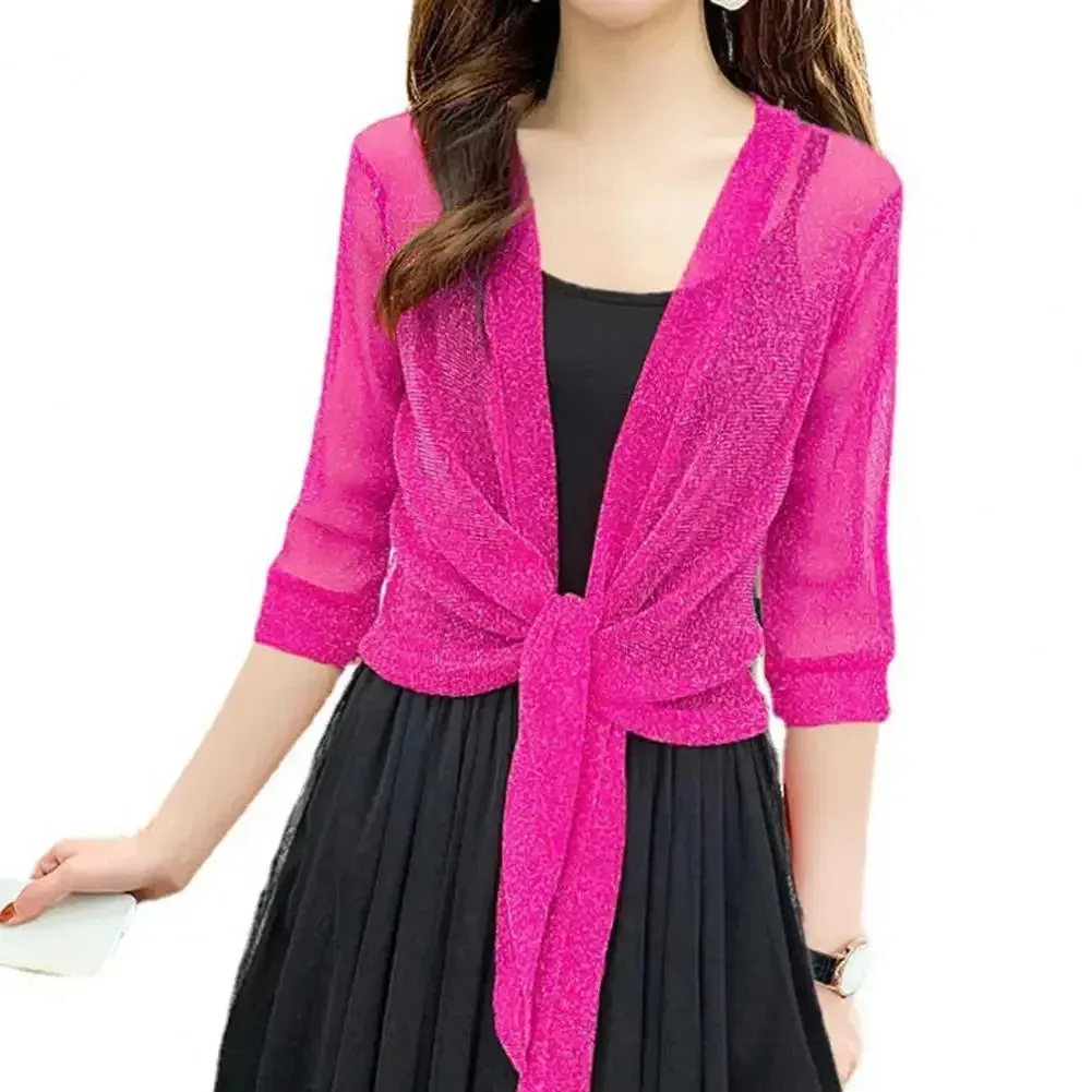 Trendy Mesh Glitter Lace-up Cardigan Half Sleeve Blouse