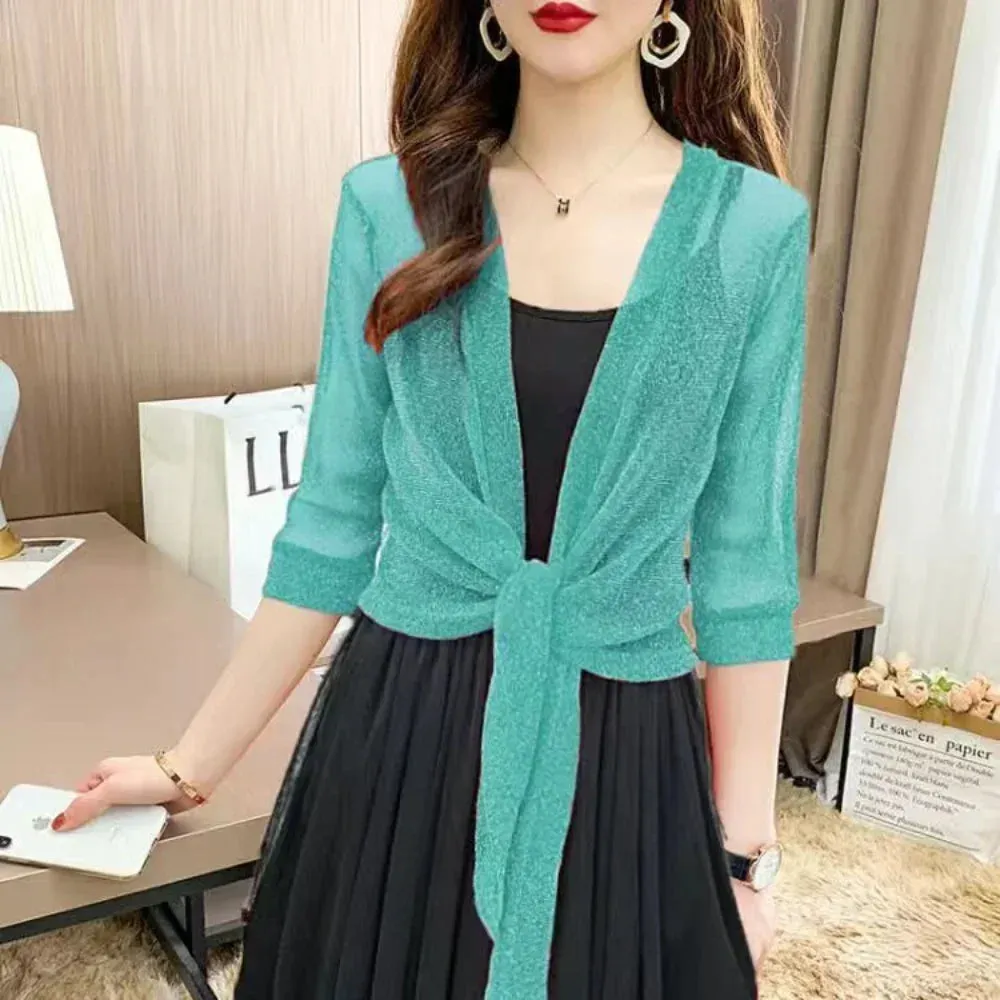 Trendy Mesh Glitter Lace-up Cardigan Half Sleeve Blouse