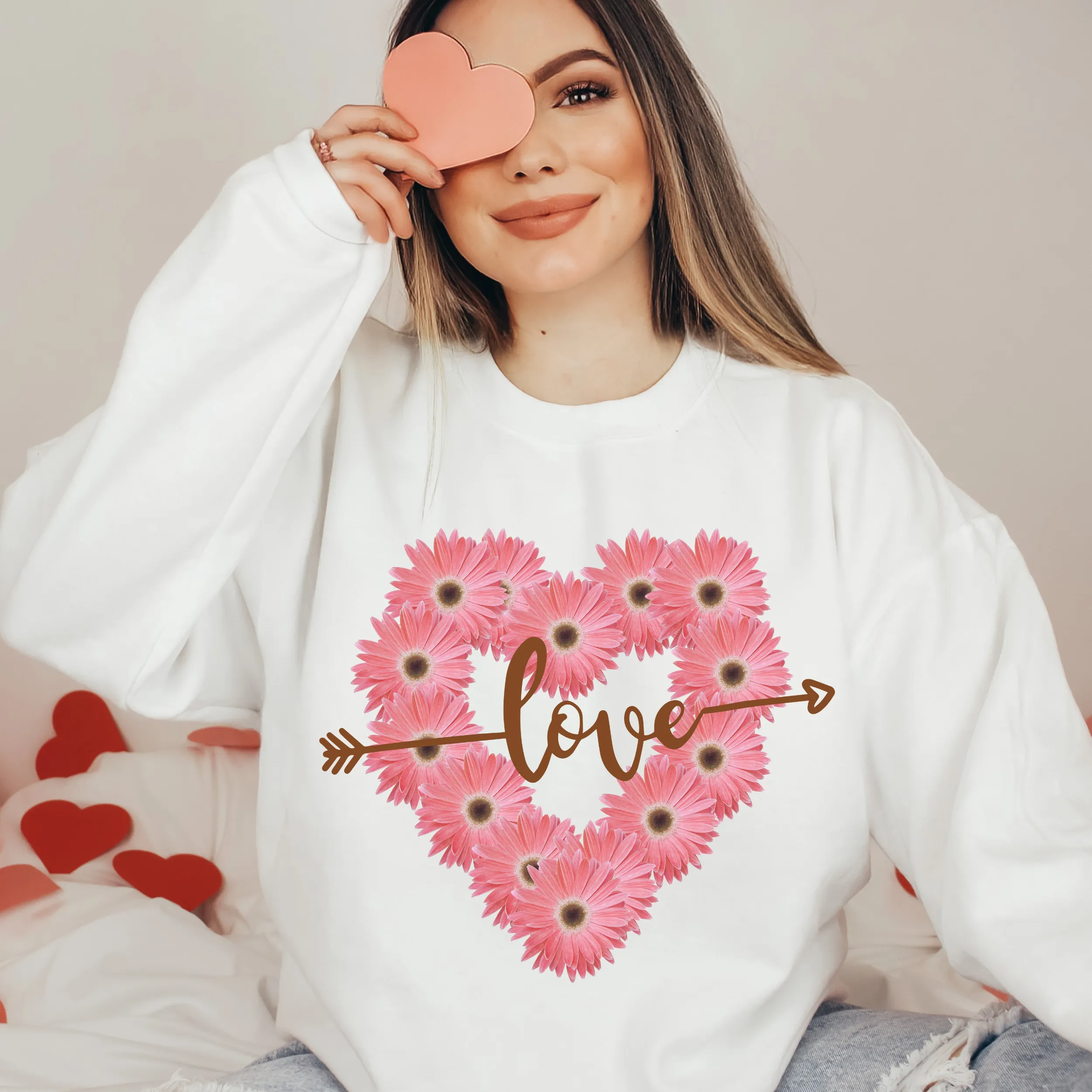 Valentine's Day Daisy Heart Love Unisex-Size Winter Crewneck Sweatshirt Winter Pullover Valentine Love White or Pink Crewneck Sweatshirt