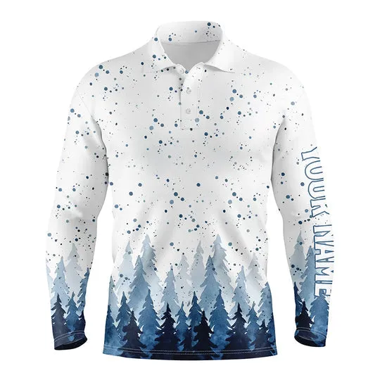 Watercolor Blue Christmas Trees & Snowfall Men Golf Polo Shirts Winter Golf Shirts For Men