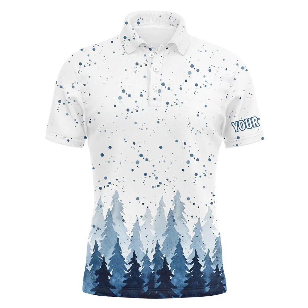 Watercolor Blue Christmas Trees & Snowfall Men Golf Polo Shirts Winter Golf Shirts For Men