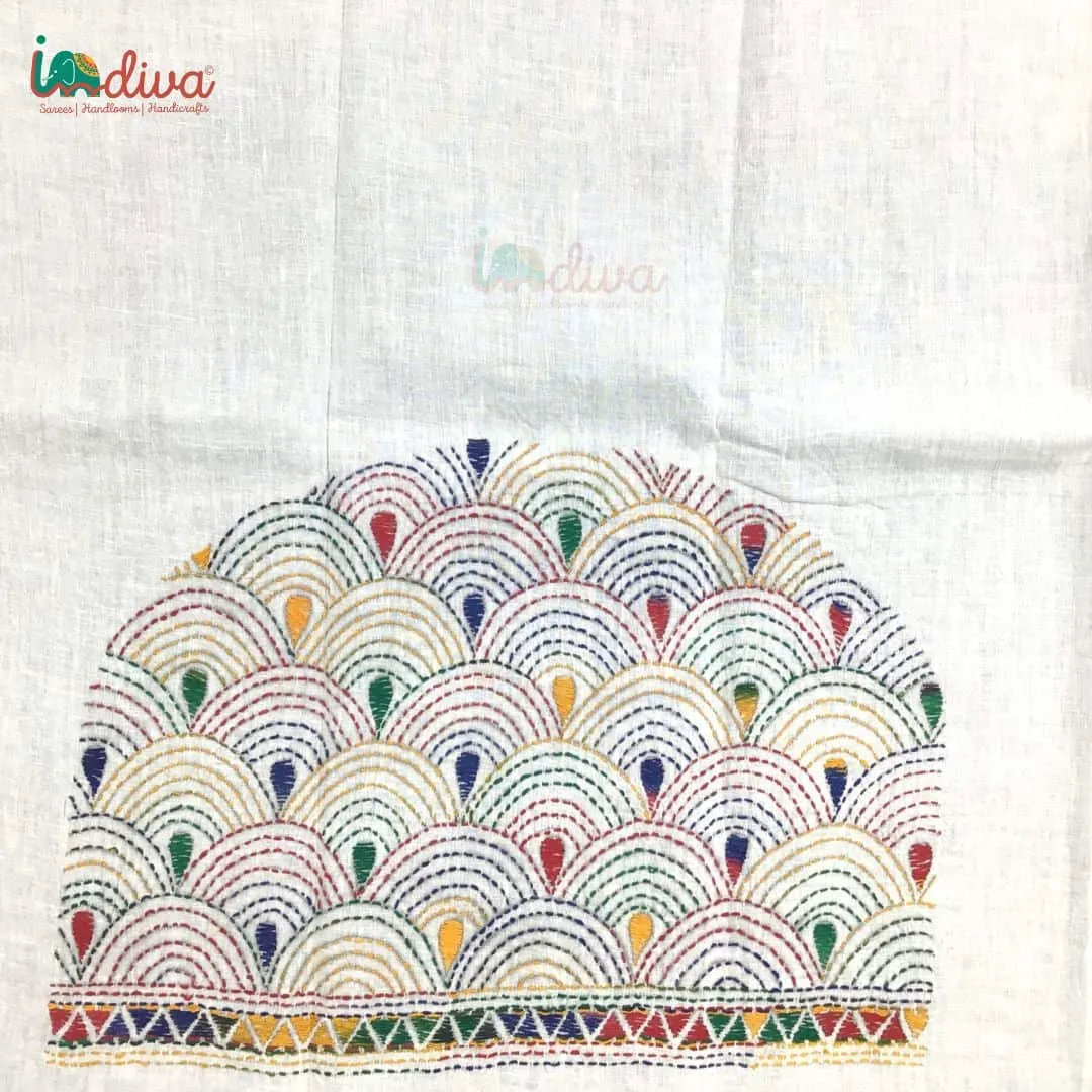 White Kantha Blouse Piece With Colourful Matsya Motifs