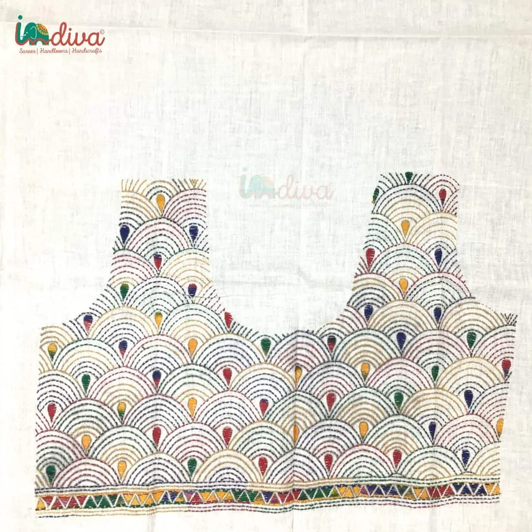 White Kantha Blouse Piece With Colourful Matsya Motifs