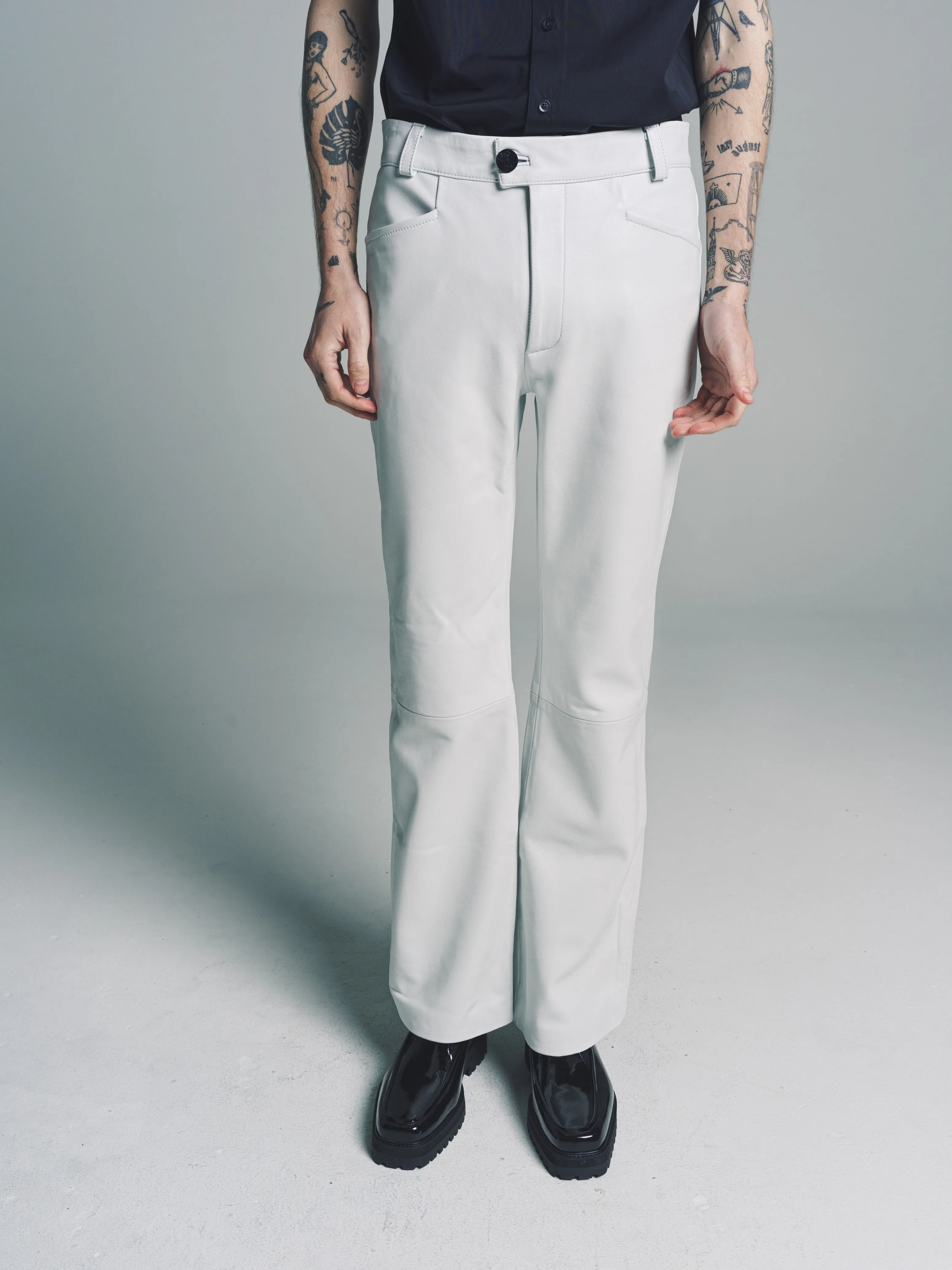 White Leather Flare Trousers