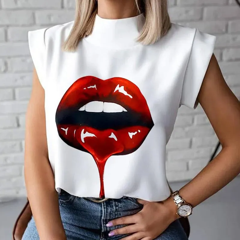 Women Elegant Chain Print blouse shirts top Summer Casual Stand Neck Pullovers tops Lady Fashion Eye Short Sleeve Blouse drop