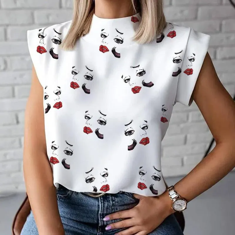 Women Elegant Chain Print blouse shirts top Summer Casual Stand Neck Pullovers tops Lady Fashion Eye Short Sleeve Blouse drop