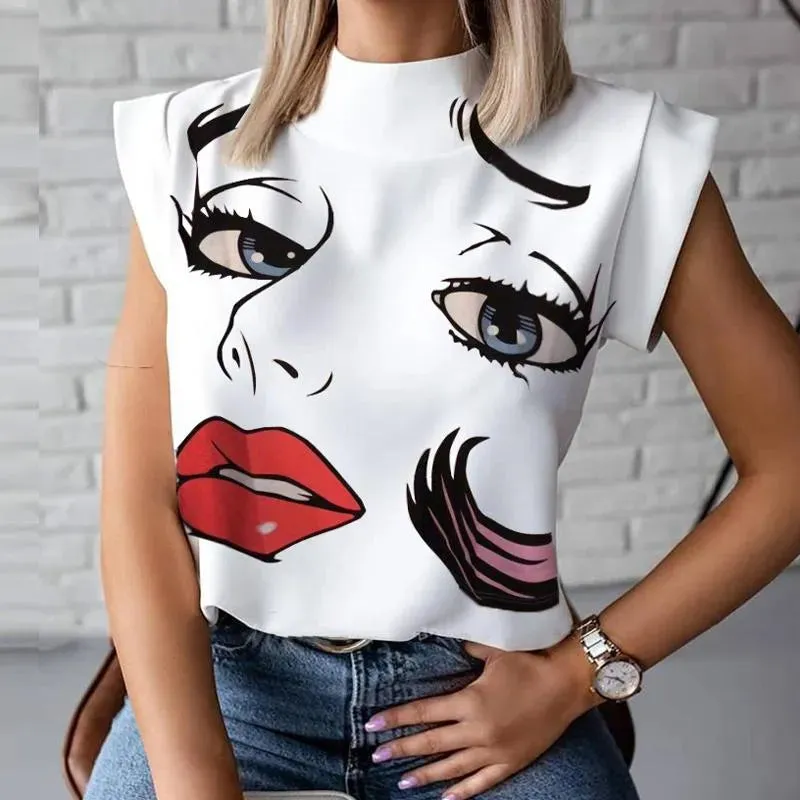 Women Elegant Chain Print blouse shirts top Summer Casual Stand Neck Pullovers tops Lady Fashion Eye Short Sleeve Blouse drop