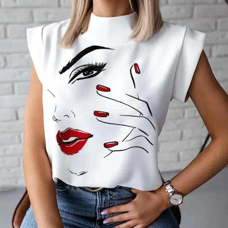 Women Elegant Chain Print blouse shirts top Summer Casual Stand Neck Pullovers tops Lady Fashion Eye Short Sleeve Blouse drop