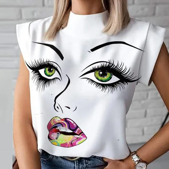 Women Elegant Chain Print blouse shirts top Summer Casual Stand Neck Pullovers tops Lady Fashion Eye Short Sleeve Blouse drop