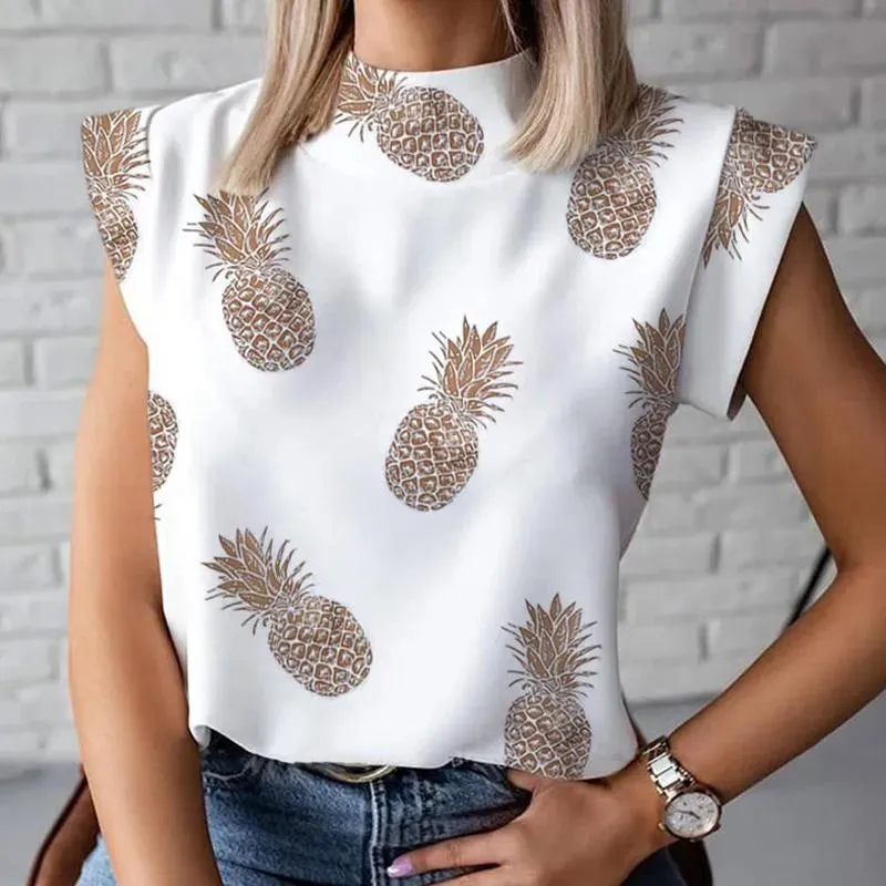 Women Elegant Chain Print blouse shirts top Summer Casual Stand Neck Pullovers tops Lady Fashion Eye Short Sleeve Blouse drop