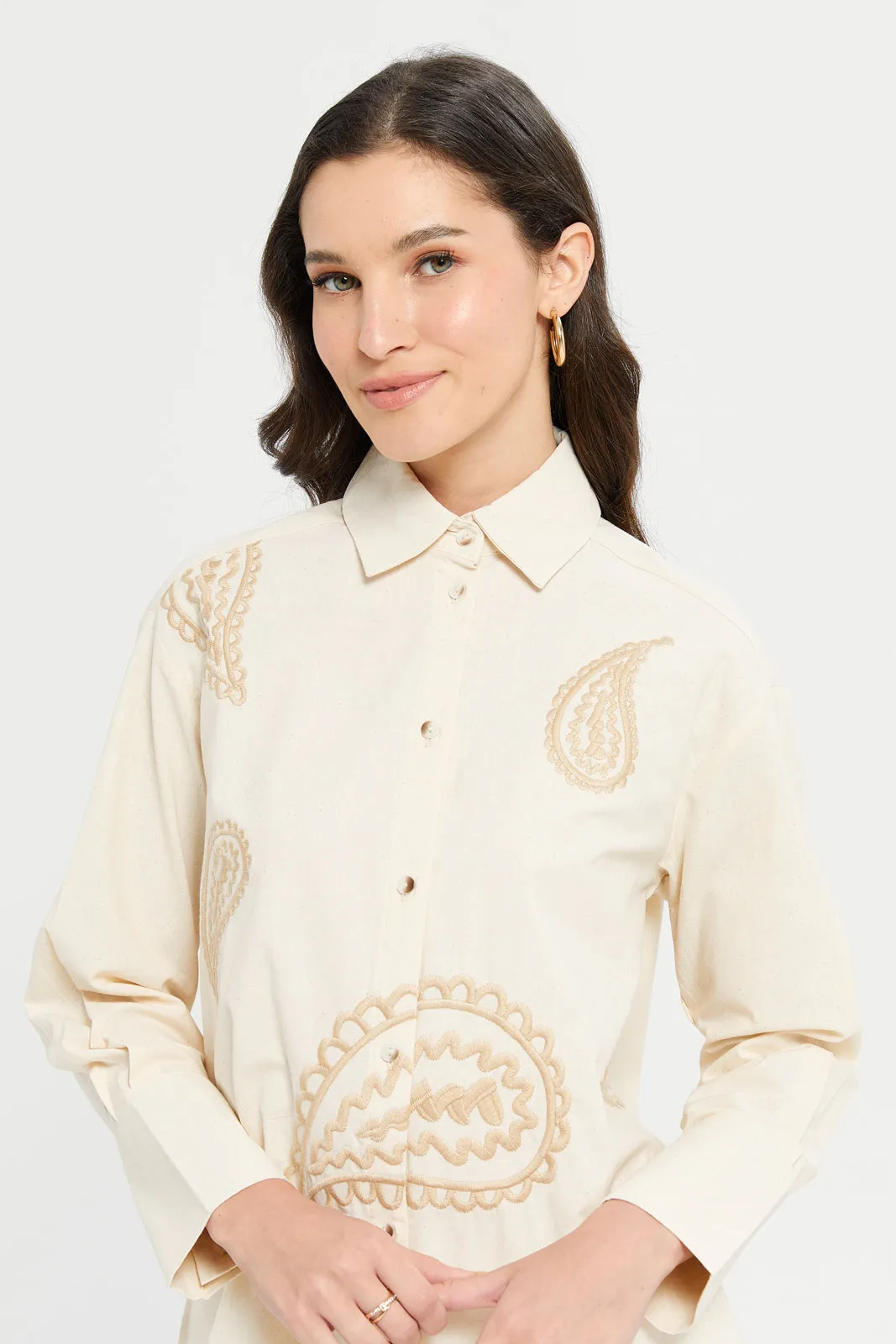 Women Ivory Embroidered Over Sized Shirt