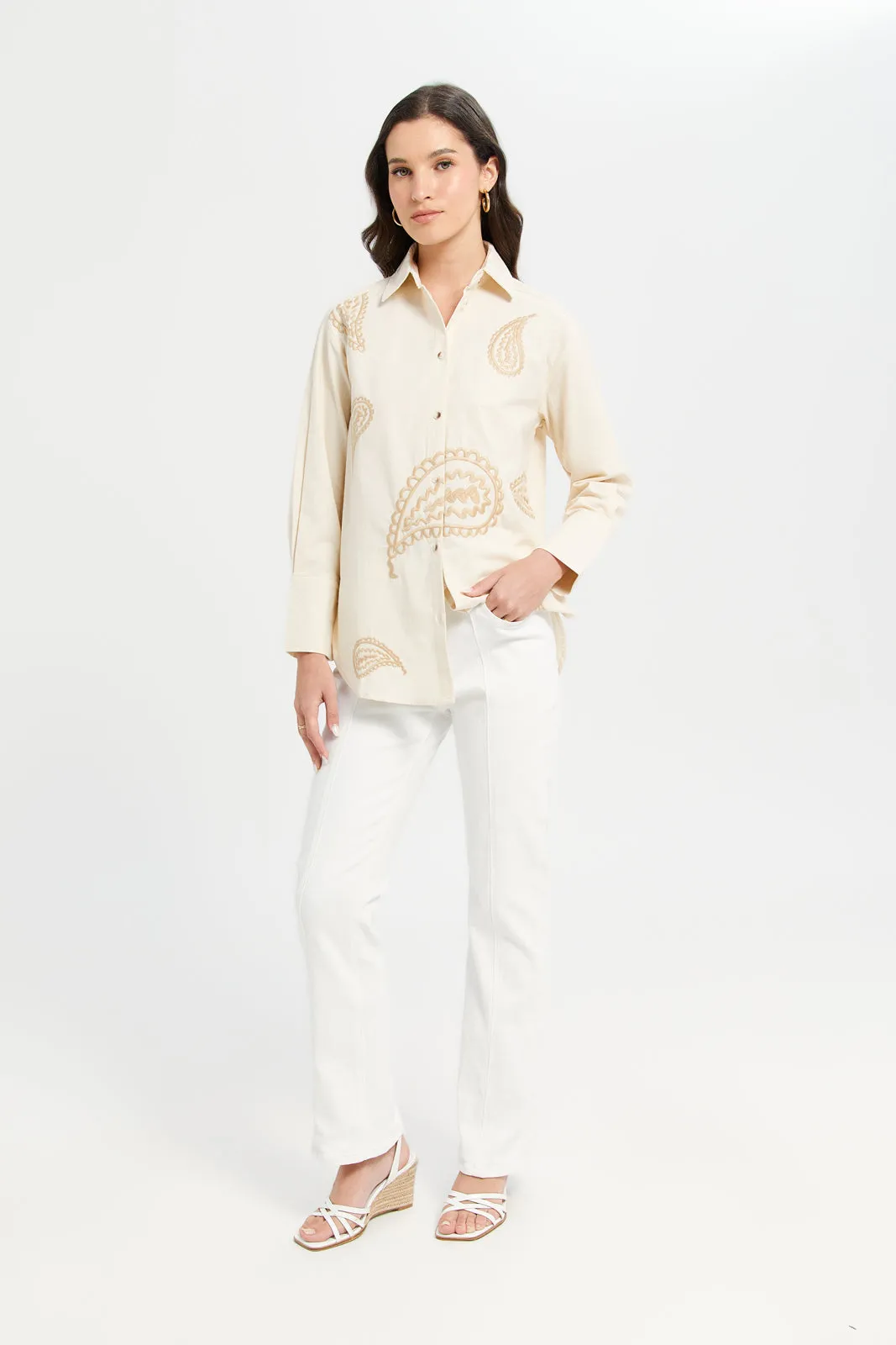 Women Ivory Embroidered Over Sized Shirt