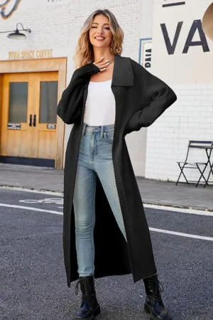 Women Waffle Knit Lapel Long Length Cardigan