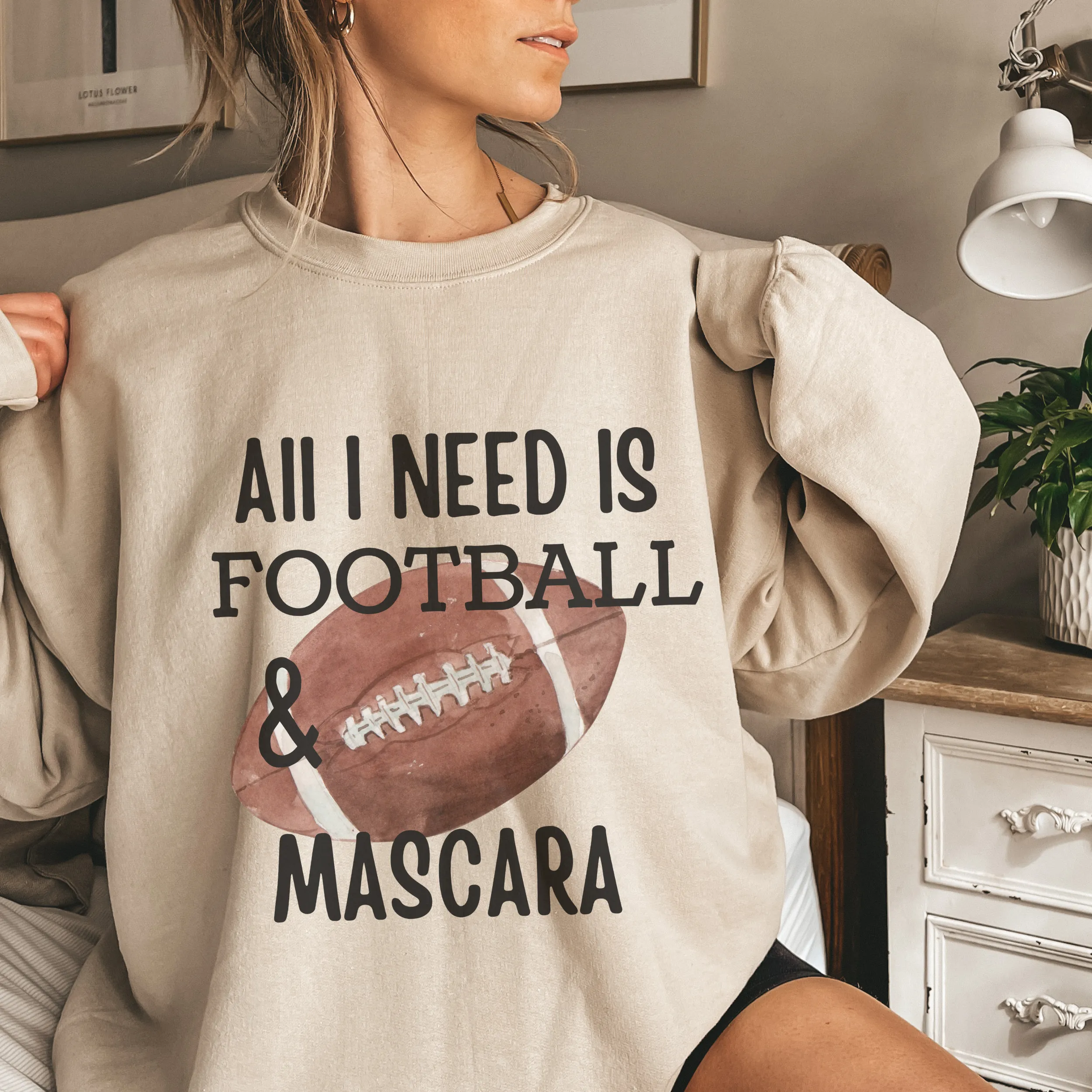 Women's Football Sweatshirt All I Need Is Football and Mascara on a Soft, Cozy Pullover Unisex Size in White, Sand, or Ash Winter Football