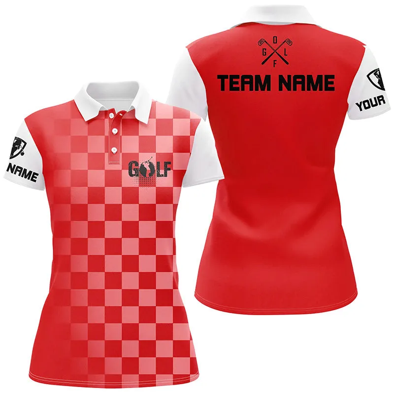 Womens Golf Polos Shirts Custom Name Multi Color Checkered Pattern Ladies Golf Shirts, Women Golf Clothes