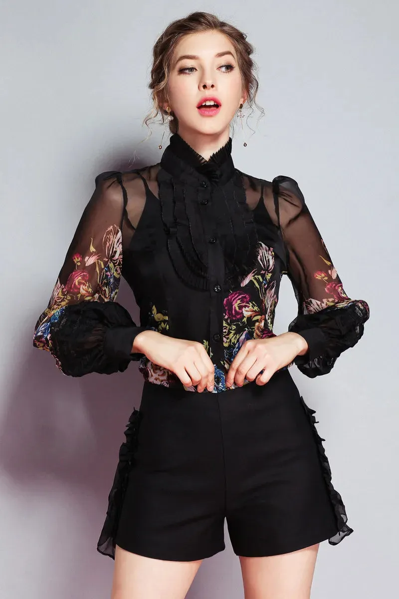 Women's Ruffles Floral Printed Long Sleeves Elegant Fashion Designer Silk Shirts&Blouses