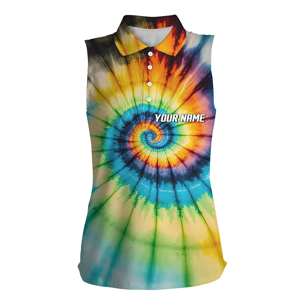 Womens sleeveless polo shirts with colorful swirl tie dye background, custom team golf shirts ladies