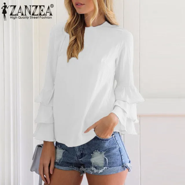 ZANZEA 6 Colors 2017 Women Blouses Shirt Elegant Ladies O Neck Long Flare Sleeve Flouncing Blusas Casual Loose Pullover Tops